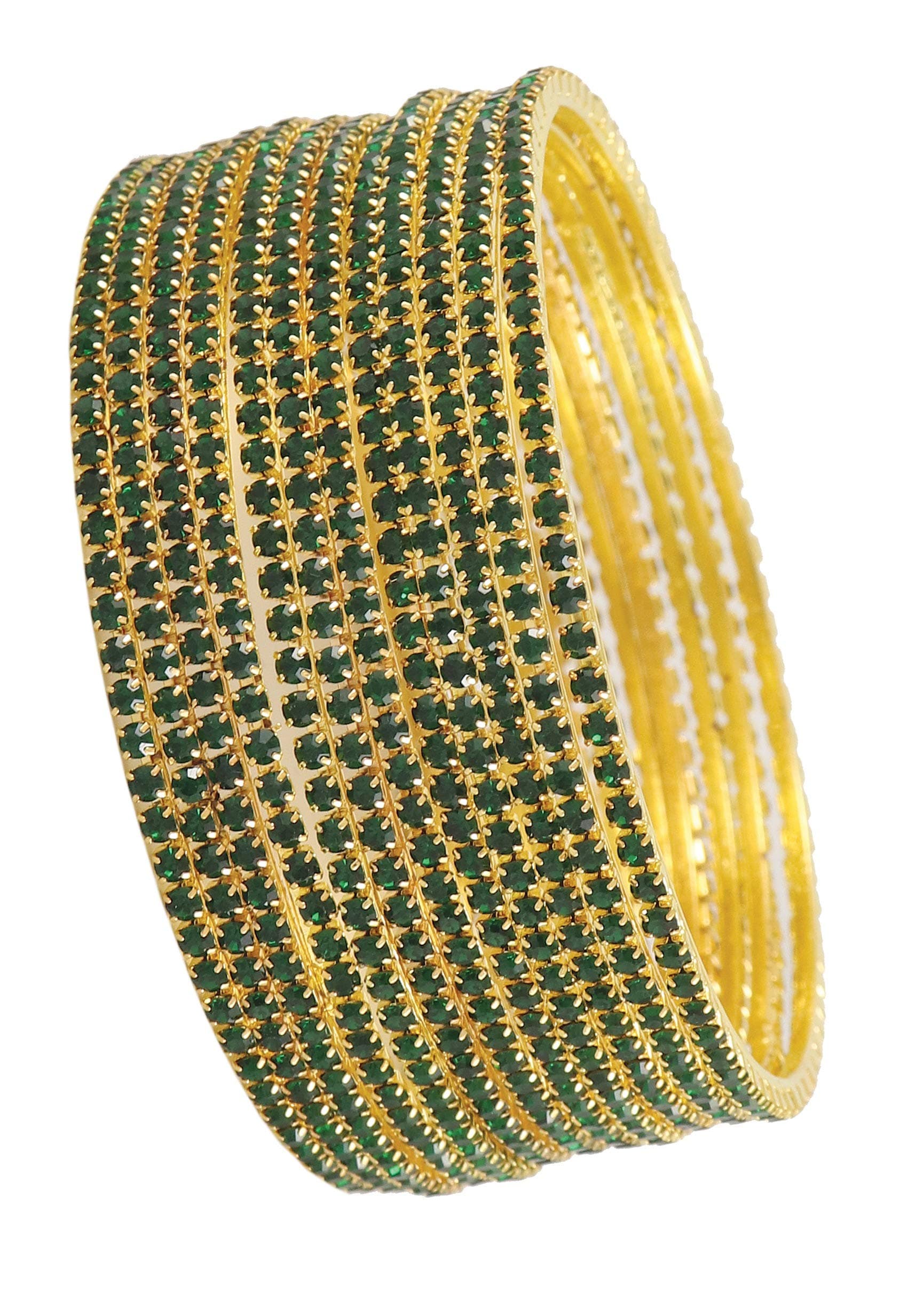 ZULKA Non-Precious Metal Base Metal with Zircon Gemstone Studded worked Glossy Finished Bangle Set For Women and Girls, (Green_2.4 Inches), Pack Of 12 Bangle Set