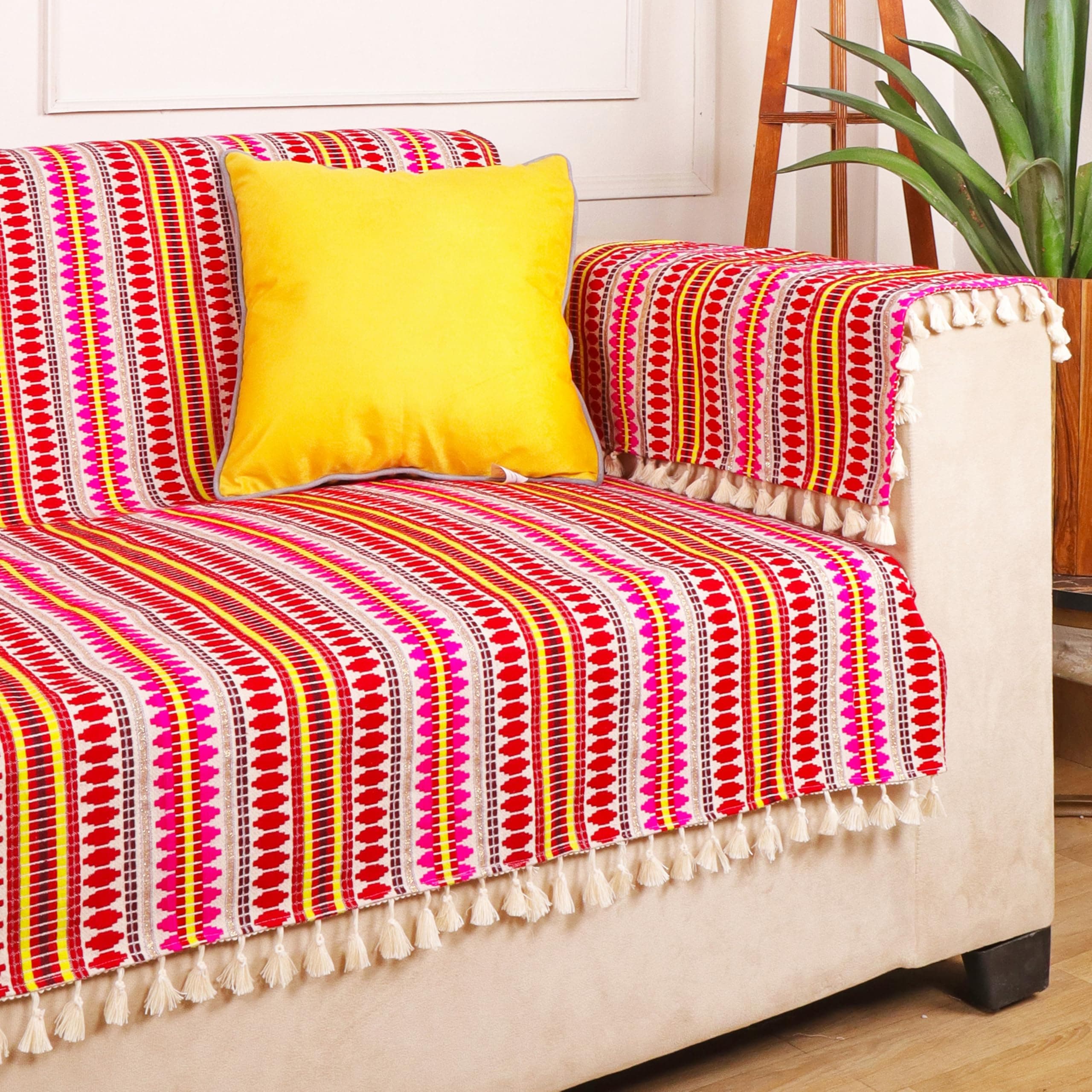 STITCHNEST Woven 2 Seater Sofa Protector with 2 Hand Rest Covers – Red & White Stripe Design – Washable Fabric with Tassels – Stylish Sofa Cover for Modern Living Room & Furniture Décor