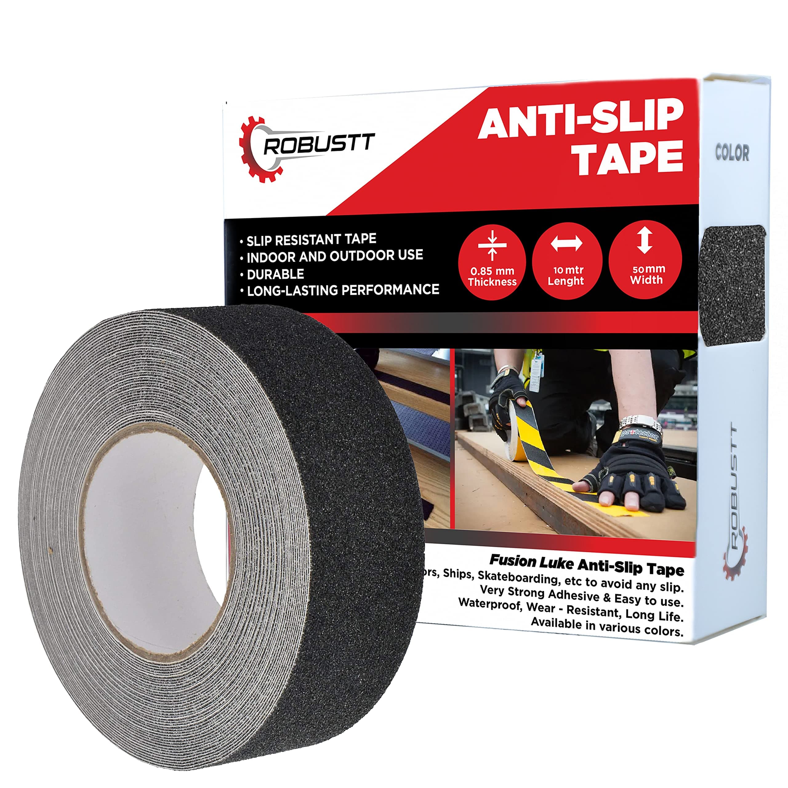 Robustt Anti Skid/AntiSlip 10mtr(guaranteed) X50mm (Pack of 5) Black Fall Resistant with PET Material and Solvent Acrylic Adhesive Tape for Slippery Floors, Staircase, Ramps, Indoor, Outdoor Use