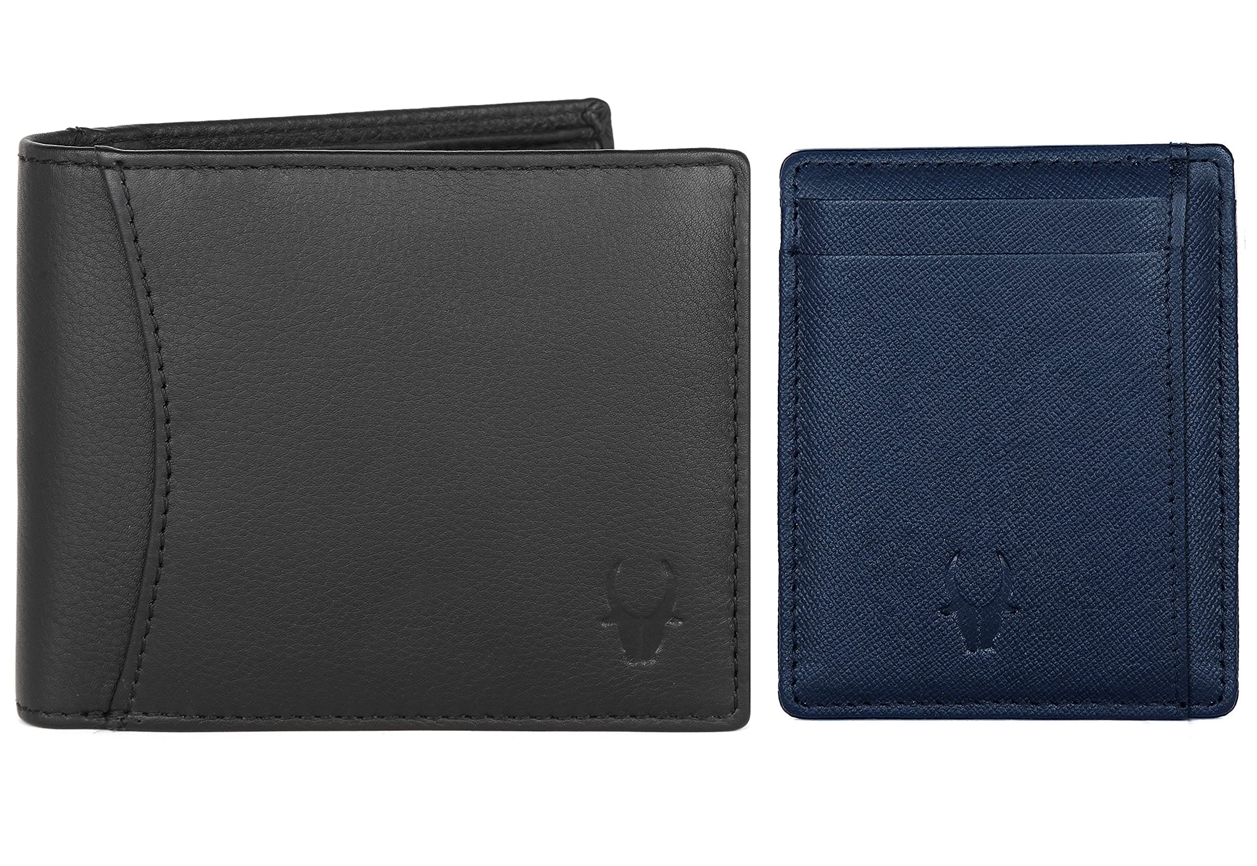 WildHorn Black Leather Men's Wallet & Blue Crad Case (WH1173)