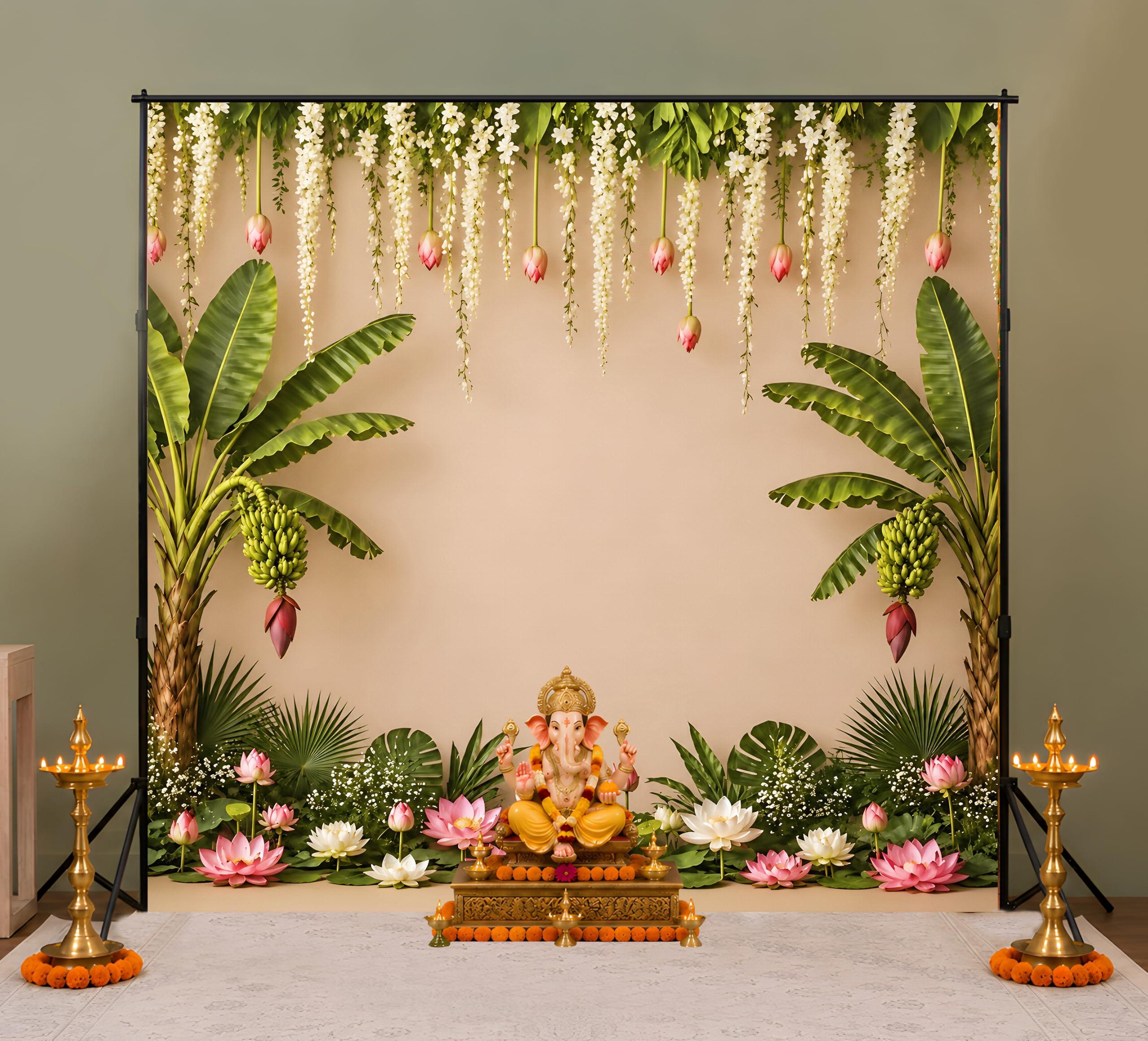 Ganesh Chaturthi Pooja Backdrop 8x8 Ft Traditional Banana Leaves & Floral Backdrop Cloth for Pooja Decoration | South Indian Style Wedding, Haldi, Mehendi, Griha Pravesh & Festival Backdrop