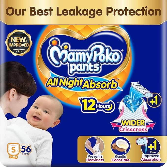 New Mamypoko Pants Premium All Night Absorb| Pant Style Baby Diapers Small Size(S), 56 Count, Ideal for 4-8Kgs|1 Diaper= Upto All Night Absorption now with increased power of +1glass|Wider Crisscross Sheet|Gentle Coco Care| 12hr Leakage Protection| Prevents Heaviness.