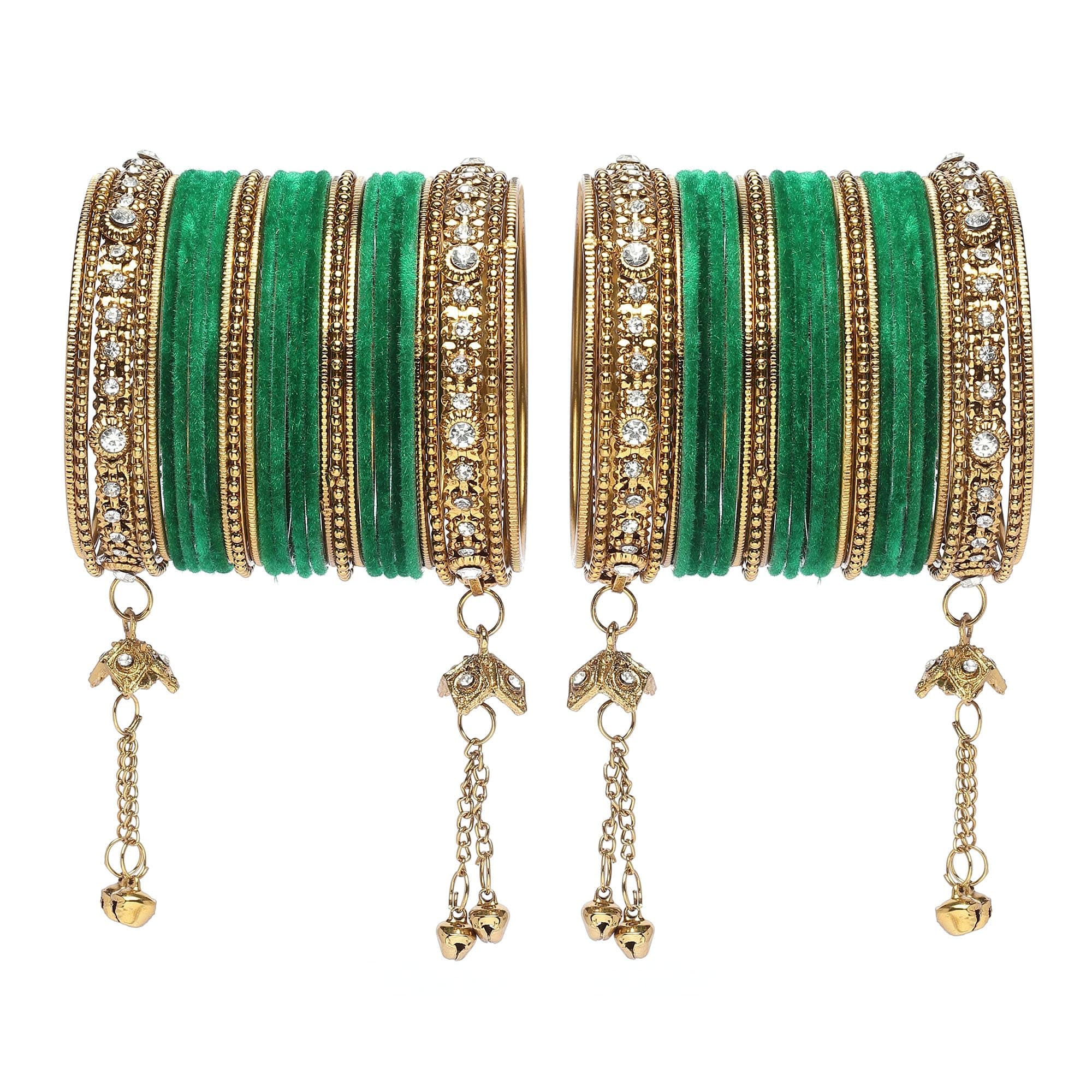 ZENEME Gold-Plated Matte Finish Velvet American Diamond Studded Gold Pearl Tasselled Bangles Set Of 56 For Girls and Women (Green, 2.6)