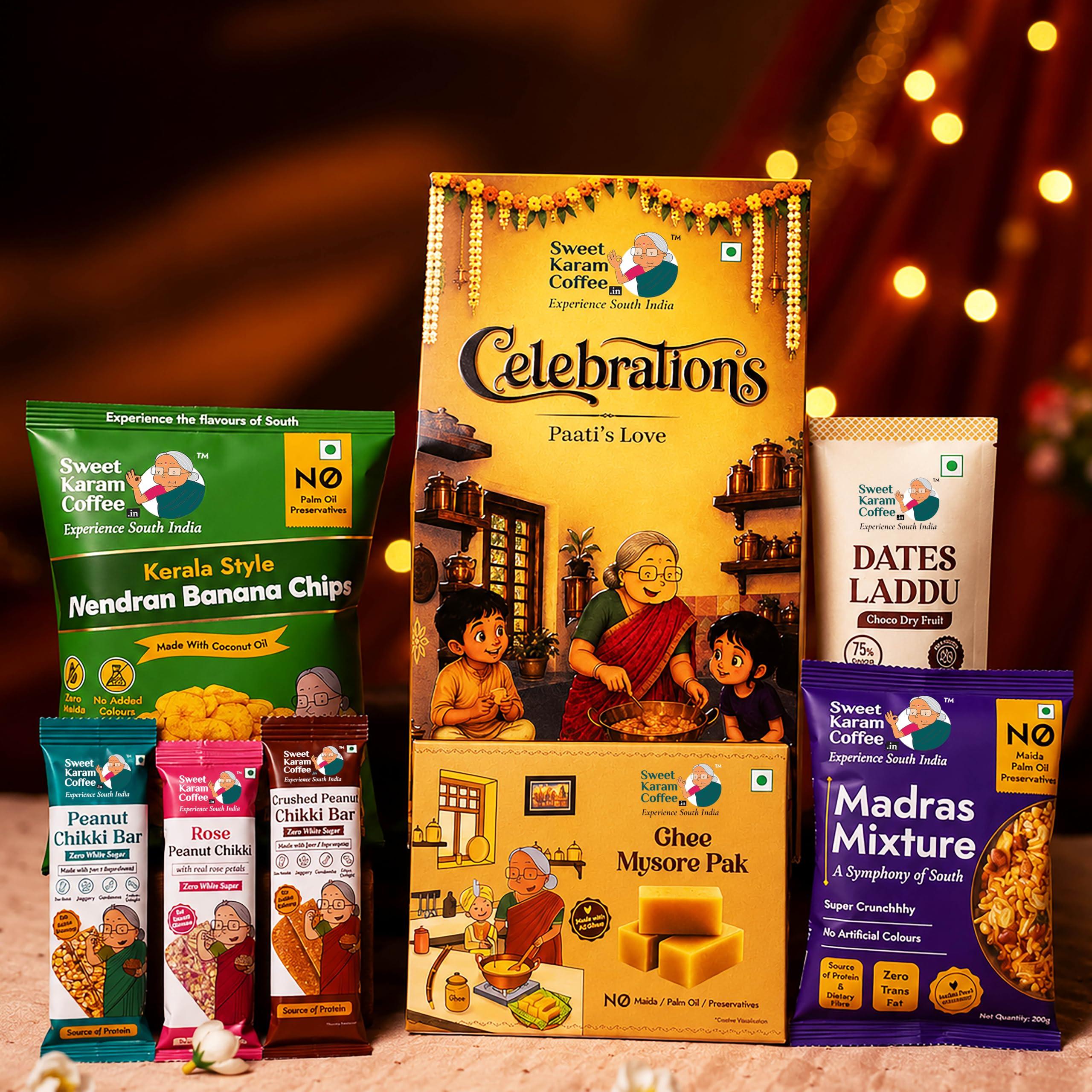 Sweet Karam Coffee Celebrations Paati’s Love Hamper | Gift Hamper | Traditional Mysorepak, Banana Chips, Dates Laddu & Peanut Chikki Combo | 7 Festive Treats | Festive Hamper | Janmashtami | Ganesh Chaturthi