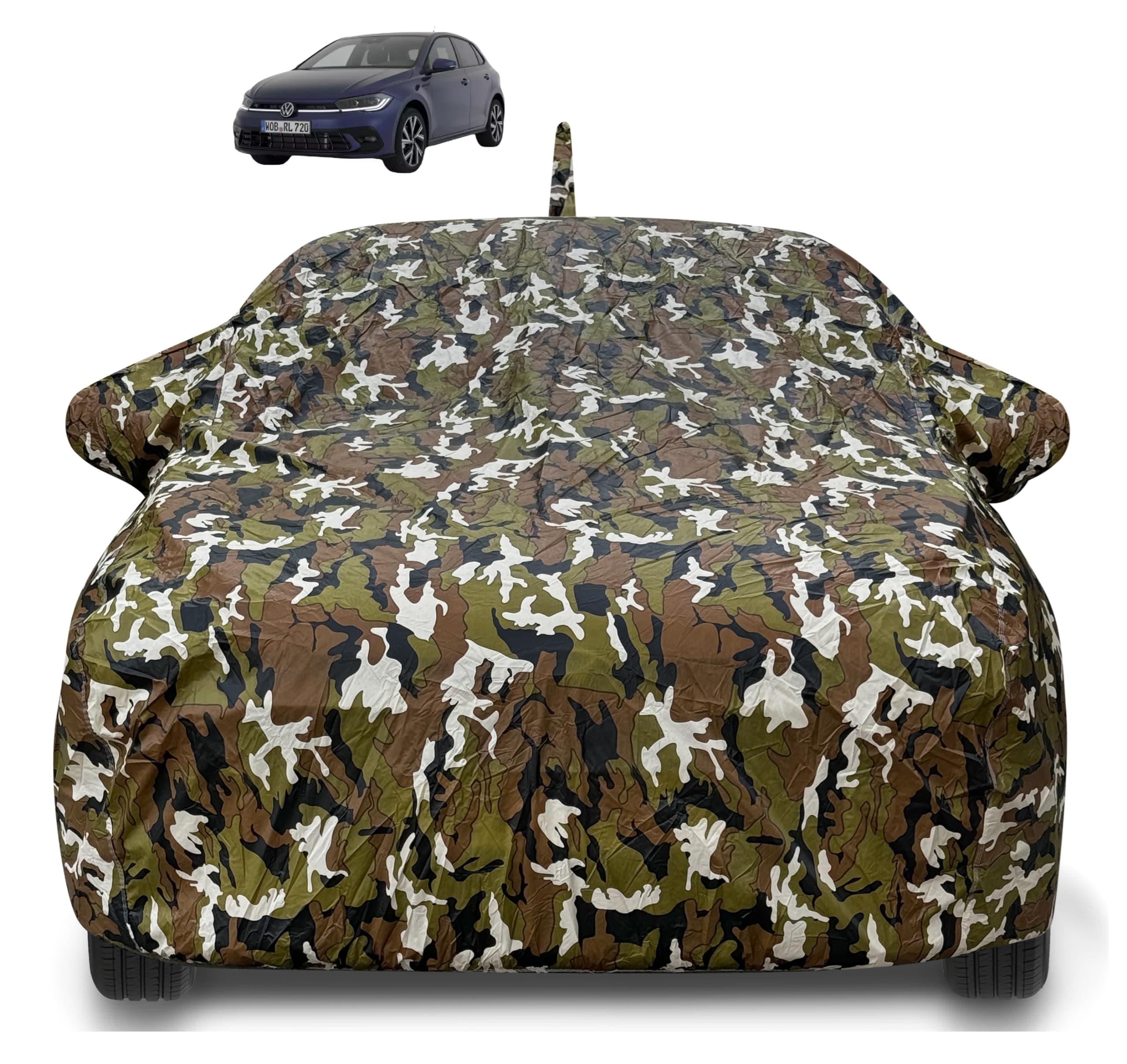 Auto Hub Waterproof Car Cover Compatible with Polo New with Antenna & Mirror Pockets, Soft Cotton Lining, Polo Car Cover Waterproof, Army