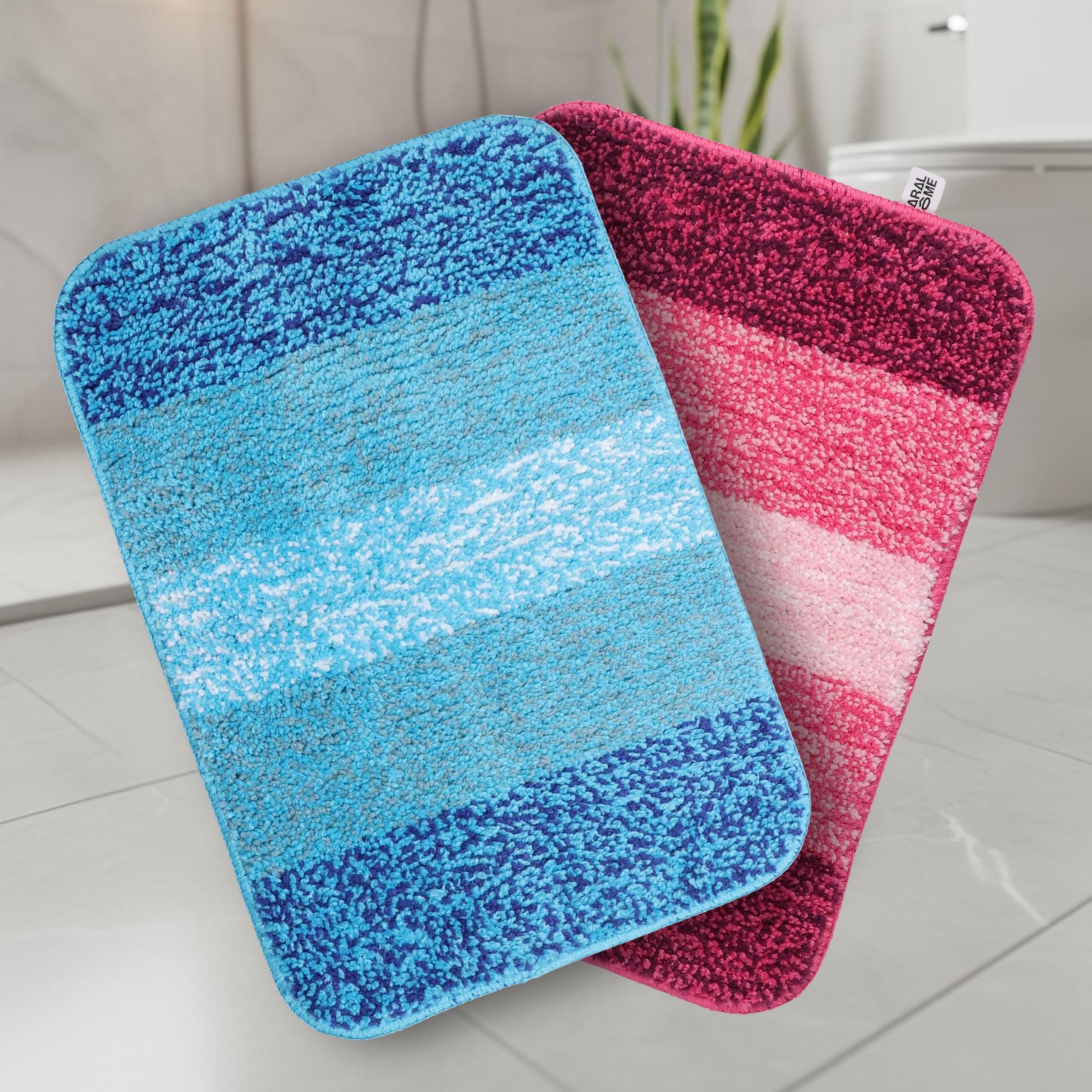 SARAL HOME EASY LIVING Microfiber Striped Anti-Skid Bath Rectangular Mats,35x50cm |Pack of 2(Turquoise & Pink)