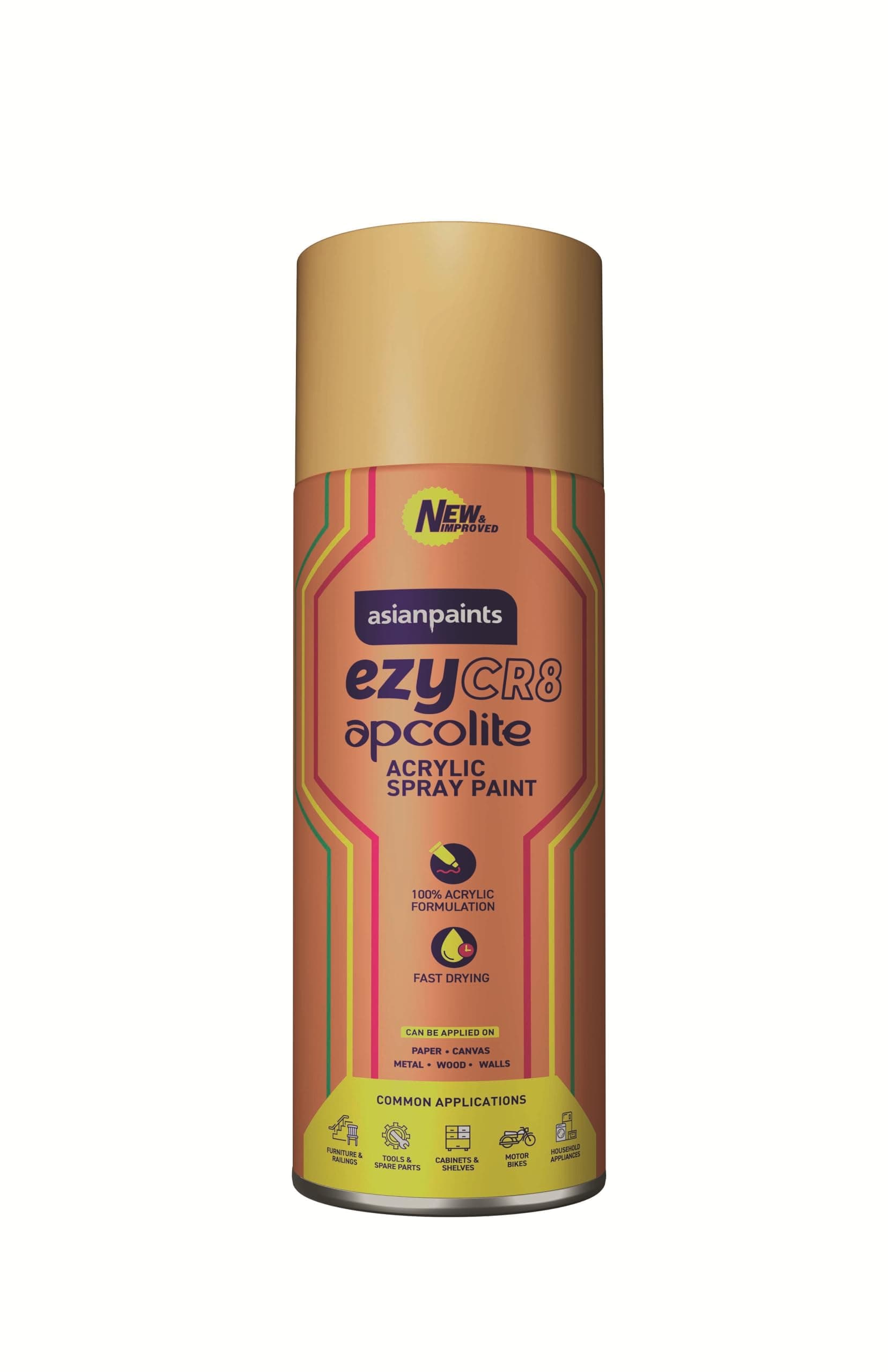 Asian Paints ezyCR8 Apcolite Spray Paint with Acrylic Quick Dry High Gloss Gold Finish Multi-Purpose Multi-Surface DIY Aerosol Can for Car Bike Home Metal Wood Furniture Walls & Art Craft (1Pc, 400ml)