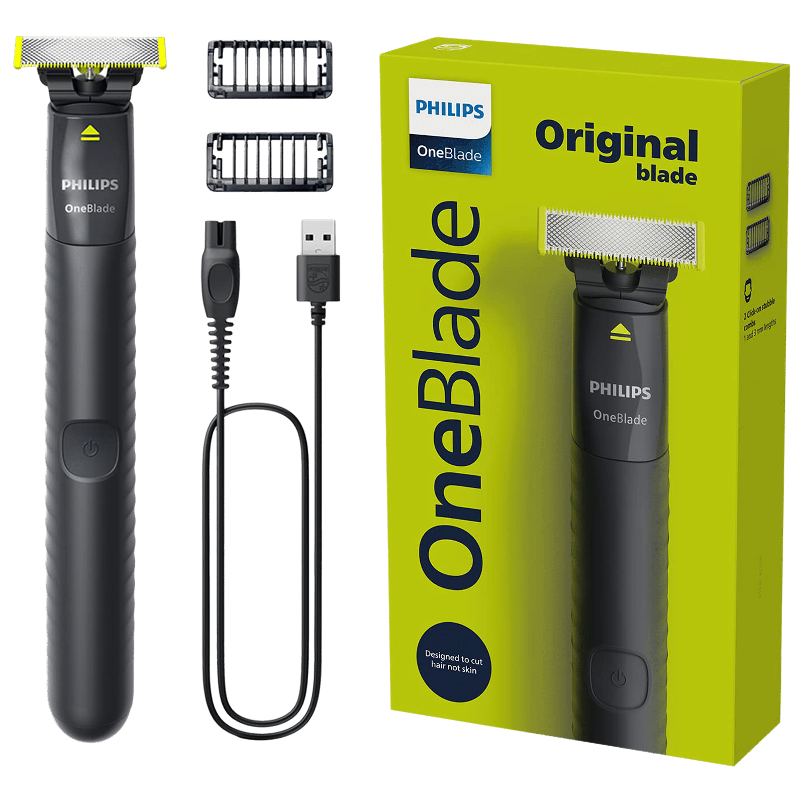 PHILIPS OneBlade Rechargeable Cordless Wet & Dry Trimmer for Beard & Moustache with 3 Length Settings for Men (30min Runtime, IPX7 Waterproof, Charcoal Gray)