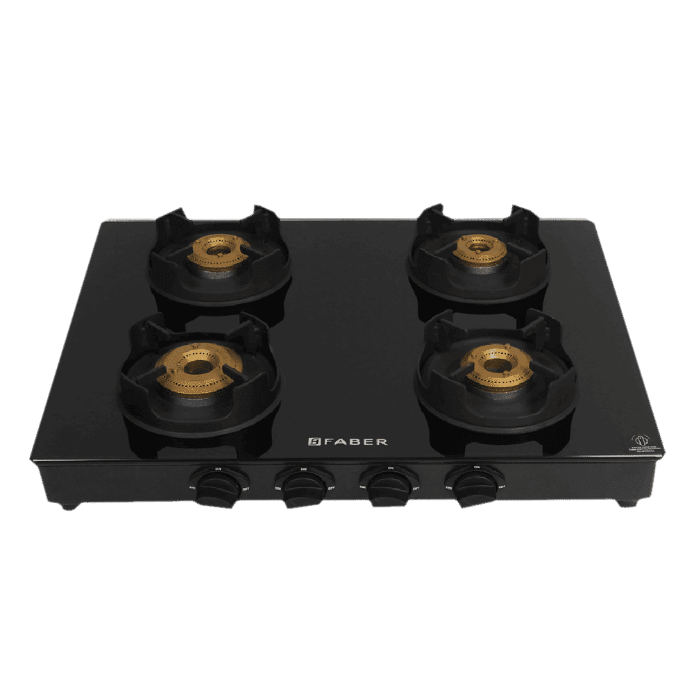 Faber Onyx 4BB BK CI Toughened Glass Top 4 Burner Manual Gas Stove (Diamond Coated Pan Support, Black)