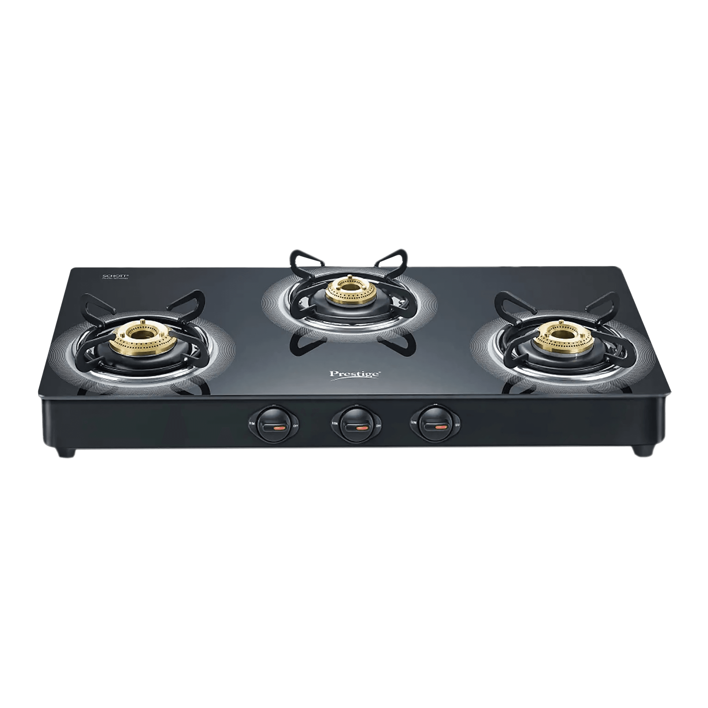 Prestige Royale Plus Toughened Glass Top 3 Burner Manual Gas Stove (Ergonomic Knob, Black)