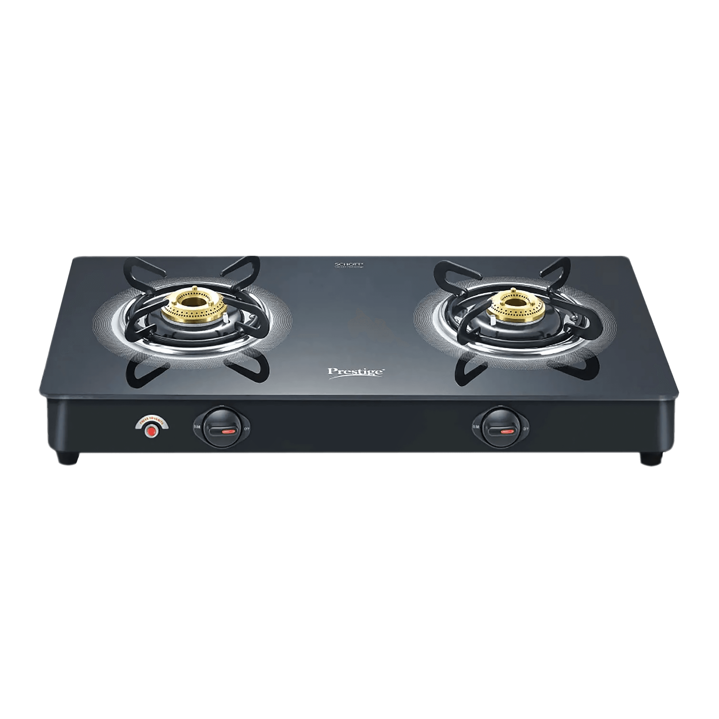 Prestige Royale Plus Toughened Glass Top 2 Burner Automatic Gas Stove (Ergonomic Knob, Black)