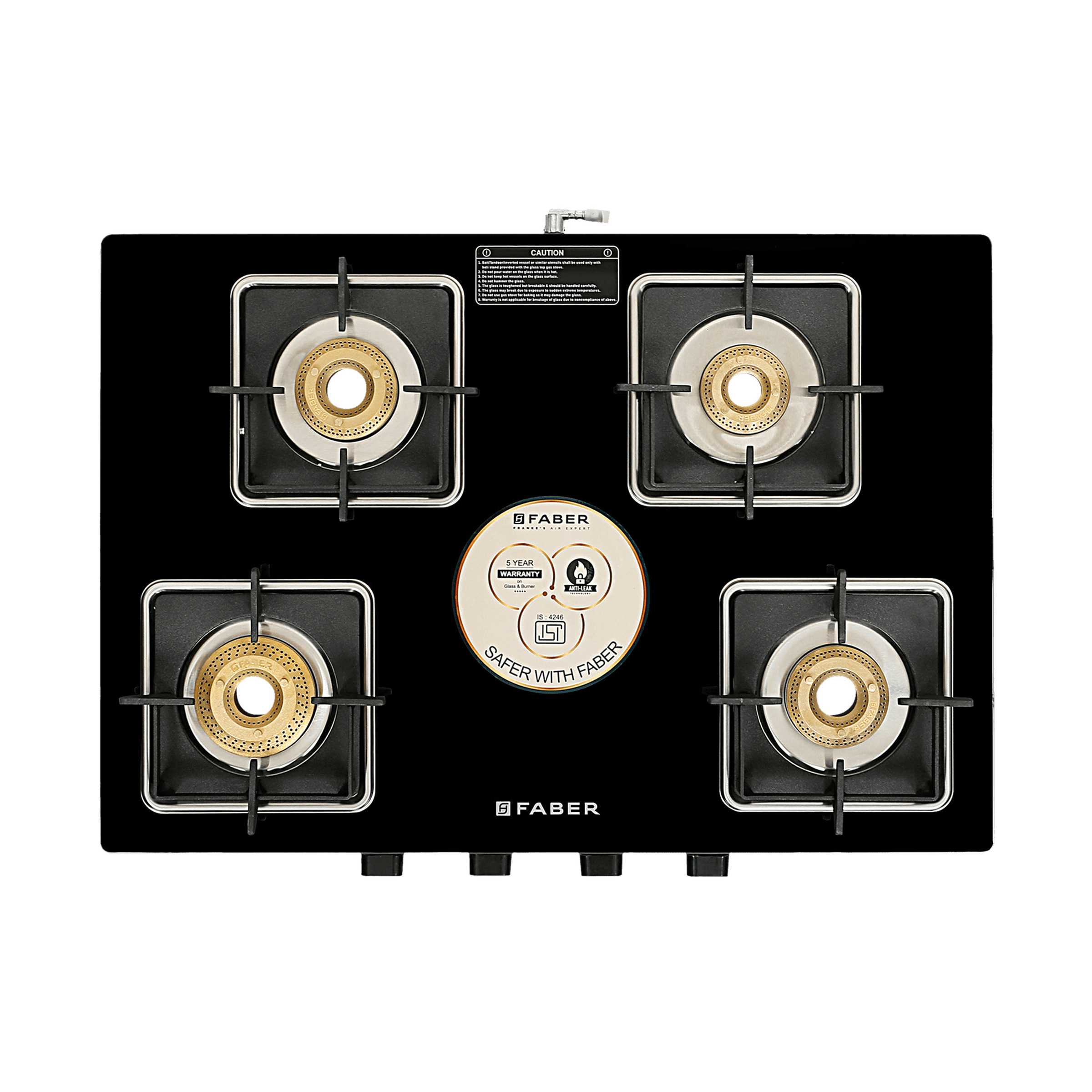 Faber Remo XL 4BB Glass Top 4 Burner Manual Gas Stove (MS Power Coated Pan Support, Black)